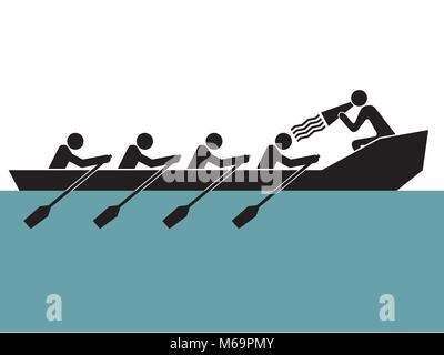 leader is loudly yelling to cheer up  rowing boat team Stock Vector