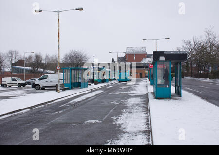 Lichfield,UK.1 March,2018.UK Weather.Beast from East.Lichfield bus station during cold winter weather.Bus leaving the station.Credit:JazzLove/Alamy Live News. Stock Photo
