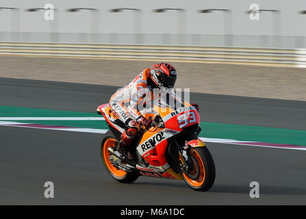 Doha, Qatar. 1st Mar, 2018. Spanish MotoGP rider Marc Marquez of Repsol Honda Team rides his bike during the first day of pre-season test at the Losail International Circuit in Doha, Qatar, on March 1, 2018. Credit: Nikku/Xinhua/Alamy Live News Stock Photo