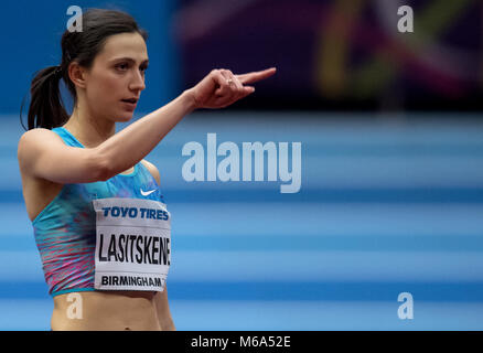 Birmingham, UK. 2nd Mar, 2018. 1st March, 2018. IAAF World Indoor Championships in Athletics: Mariya Lasitskene of Russia during the high jump. Lasitskene won the gold medal. Photo: Sven Hoppe/dpa s s Credit: dpa picture alliance/Alamy Live News Stock Photo