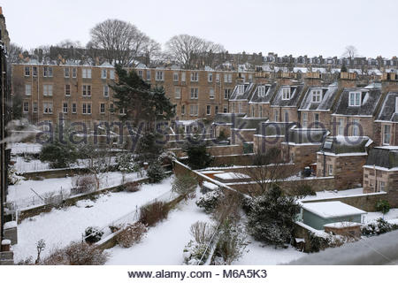 Edinburgh, United Kingdom. 2nd March, 2018. UK Weather: Winter snowfall affecting central Edinburgh streets, tenements and suburban back gardens covered in snow. View from upper flat. Credit: Craig Brown/Alamy Live News. Stock Photo