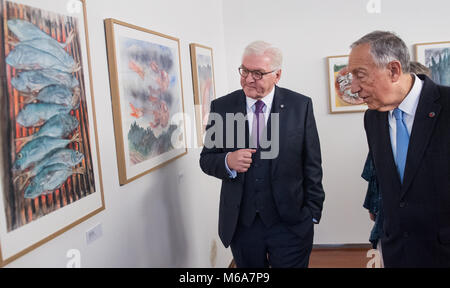 02 March 2018, Portugal, Porto: German President Frank-Walter Steinmeier (L) and President of Portugal, Marcelo Rebelo de Sousa, visit the Guenter Grass exhibition 'Begegnungen' (lit. encounters) at the Museum Casa Museu Guerra Junqueiro. German President Steinmeier is in Portugal for a two-day visit. Photo: Bernd von Jutrczenka/dpa Stock Photo
