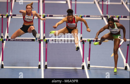 March 2, 2018 - Birmingham, United Kingdom - Caroline Agnou from Switzerland, Eliska Klucinova from Czech Republic and Lecabela Quaresma from Portugal competes in the Pentathlon 60m Women's hurdles during the IAAF World Indoor Championships in Birmingham. (Credit Image: © World Indoors - Day 2-4.jpg/SOPA Images via ZUMA Wire) Stock Photo