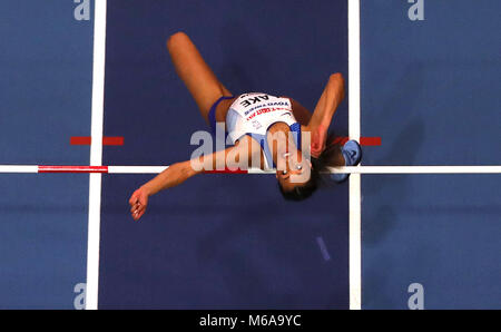 Great Britain's Morgan Lake in action during the Women's High Jump during day one of the 2018 IAAF Indoor World Championships at The Arena Birmingham, Birmingham. Stock Photo