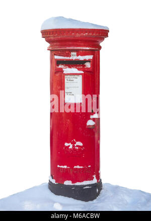 Isolated Traditional Red British Royal Mail Post Box In The Snow Stock Photo