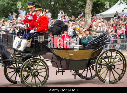 Princess Beatrice of York & Princess Eugenie of York during Trooping the Colour - HRH the Queen's 90th Birthday Parade at The Mall, Buckingham Palace, Stock Photo