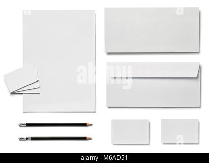 collection of  various white business print templates on white background. each one is shot separately Stock Photo