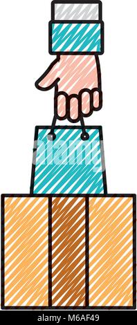 doodle open box with hand grabbing shopping bag Stock Vector