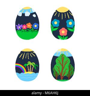 Vivid festive painted Easter eggs with image of flowers, trees, rainbow and palms Stock Vector