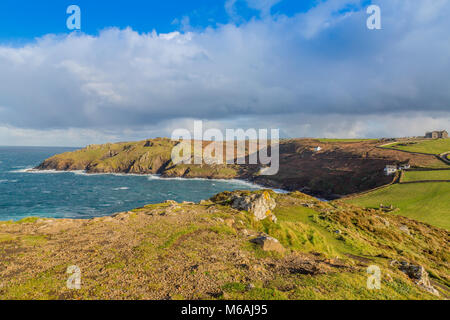 Looking from Cape Cornwall summit towards the mouth of the Kenidjack Valley - once an important Cornish tin mining area now derelict, England, UK Stock Photo