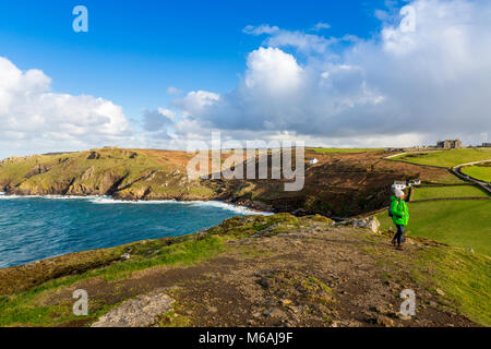 Looking from Cape Cornwall summit towards the mouth of the Kenidjack Valley - once an important Cornish tin mining area now derelict, England, UK Stock Photo