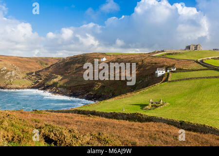 Looking from Cape Cornwall summit towards the mouth of the Kenidjack Valley - once an important Cornish tin mining area now derelict, England, UK Stock Photo