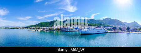 Greece ferryboat harbour panoramic shot. Artistic HDR image. Stock Photo