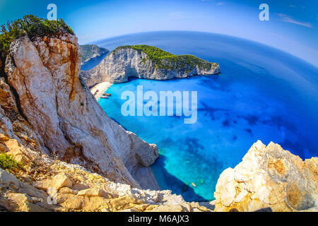 Navagio Bay Zakynthos. Shipwreck beach view from above. Fisheye panoramic shot, HDR effect. Clear water, no boats. Stock Photo