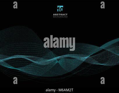 Abstract dots pattern blue particle waves on dark background with copy space. Vector graphic illustration Stock Vector
