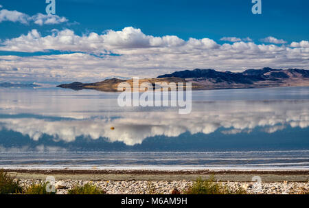 Fremont Island seen across Bridger Bay, Great Salt Lake, from causeway to Antelope Island State Park, Utah, USA Stock Photo