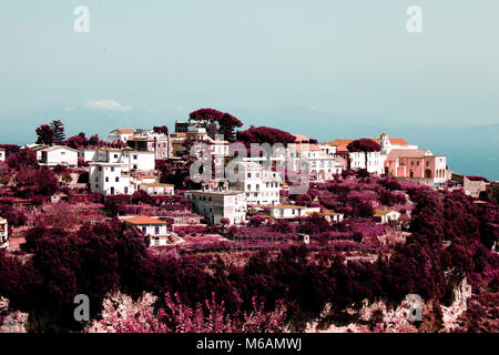 Beautiful view of an historic town on the hill in Ravello, Italy in color infrared Stock Photo