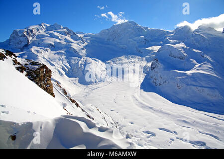 View from Gornergrat over Gornergletscher to Monte Rosa with Dufourspitze 4634m and Liskamm 4527m, in winter, Zermatt, Mattertal Stock Photo