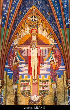 Christ on the Cross, God the Father and the Holy Spirit murals in Sanctuary of  Cathedral of the Madeleine, Salt Lake City, Utah, USA Stock Photo