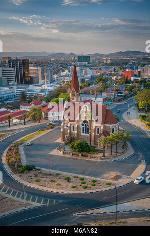 Evangelical Lutheran Christ Church of 1910 with an overview of the city, Windhoek, Namibia Stock Photo