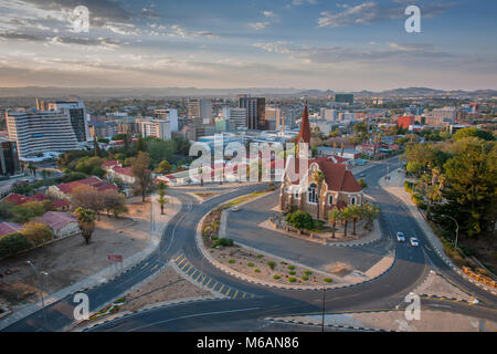 Evangelical Lutheran Christ Church of 1910 with an overview of the city, Windhoek, Namibia Stock Photo