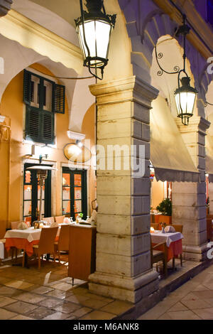 Old traditional restaurant in Corfu Town, Kerkyra Island. Stock Photo