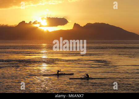 Sea kayaks on the sea at sunset, silhouette, Moorea, Papeete, Pacific Ocean, Tahiti, French Polynesia Stock Photo