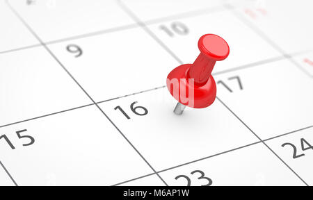 Events reminder and deadline concept with a red push pin on a calendar page with blank copy space 3D illustration. Stock Photo