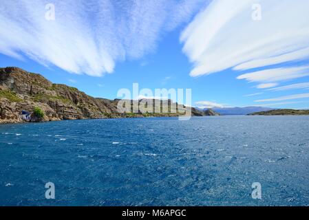 Clouds over the lake, Bahia Jara, Lago General Carrera, Region XI, Chile Stock Photo