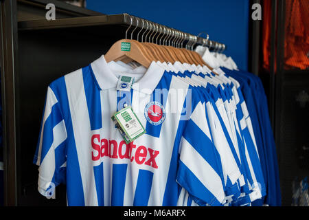 photos of the display of football kit and merchandise in the club shop of Brighton and Hove Albion football team Stock Photo