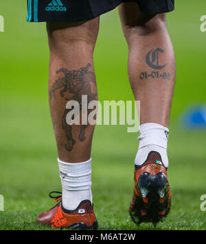 Marcelo of Real Madrid leg tattoos ahead of the UEFA Champions League group match between Tottenham Hotspur and Real Madrid at Wembley Stadium, London Stock Photo