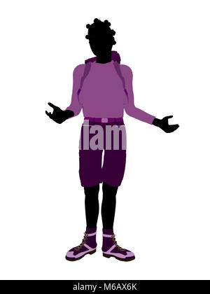 African american teen hiker illustration silhouette on a white background Stock Photo