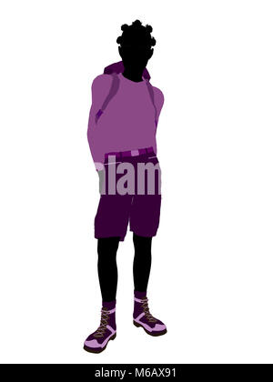 African american teen hiker illustration silhouette on a white background Stock Photo