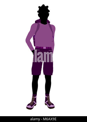 African american teen hiker illustration silhouette on a white background Stock Photo