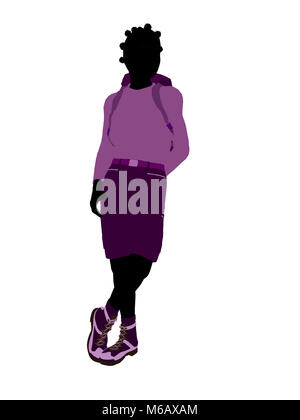 African american teen hiker illustration silhouette on a white background Stock Photo