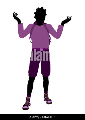 African american teen hiker illustration silhouette on a white background Stock Photo