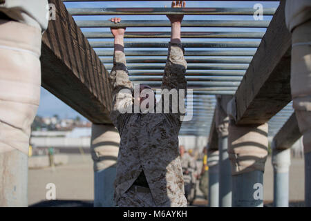 A recruit with Fox Company, 2nd Recruit Training Battalion, maneuvers through the Confidence Course at Marine Corps Recruit Depot San Diego, Feb. 13. If recruits drop from the monkey bars, they must start the exercise from the beginning. Annually, more than 17,000 males recruited from the Western Recruiting Region are trained at MCRD San Diego. Fox Company is scheduled to graduate April 13. Stock Photo