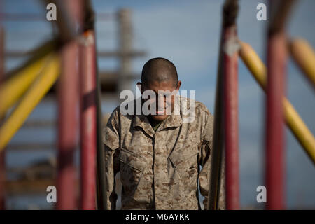 A recruit with Fox Company, 2nd Recruit Training Battalion, maneuvers through the Confidence Course at Marine Corps Recruit Depot San Diego, Feb. 13. If the recruits failed to complete an obstacle, they were instructed to start over again. Annually, more than 17,000 males recruited from the Western Recruiting Region are trained at MCRD San Diego. Fox Company is scheduled to graduate April 13. Stock Photo