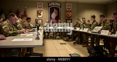 The Commander of US Army Europe, Lt. Gen. Christopher Cavoli, gives his guidance to the leadership of the 173rd Airborne Brigade at the Sky Solider Headquarters in Vicenza, Italy. Stock Photo