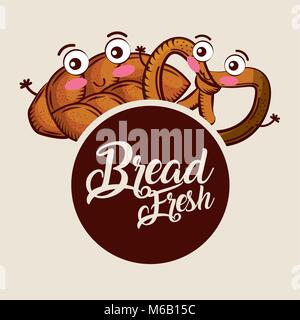 kawaii bread fresh whole pretzel cartoon food label Stock Vector