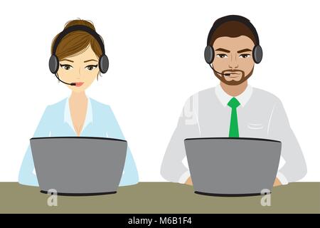 Customer service representative at computer in headset. isolated on white. Cartoon phone operator. Vector illustration Stock Vector