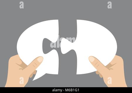 hands holding two puzzle speech bubble pieces, stock vector illustration Stock Vector