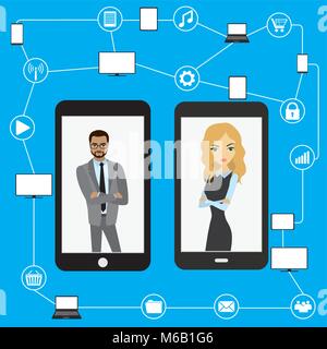 Conceptual picture of connection between gadgets, icons, networks,business peoples .Flat Vector illustration Stock Vector