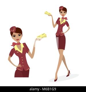 Vector illustration of attractive young stewardess in uniform, isolated on white background Stock Vector