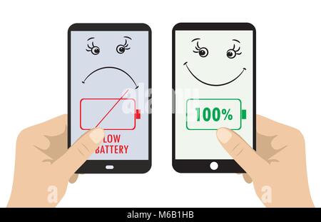 Two smart phone in hands. One sad - discharged, the second fun - with a full charge. vector illustration on white background Stock Vector