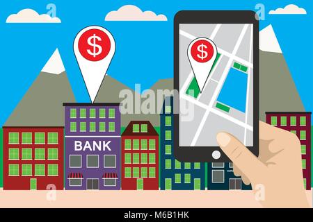 Mobile navigation concept vector illustration. Smartphone with gps city map on screen Stock Vector
