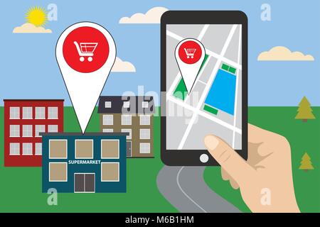 Mobile navigation concept vector illustration. Smartphone with gps city map on screen Stock Vector