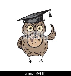 Cute owl with graduation hat standing on the old vintage books,isolated on white background,stock vector illustration Stock Vector