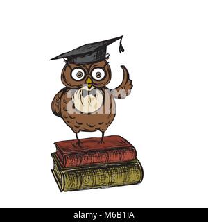 Cute owl with graduation hat standing on the old vintage books,isolated on white background,stock vector illustration Stock Vector