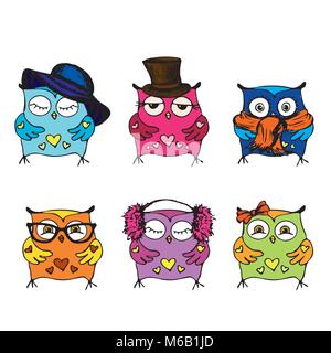 Collection of six different cute owls isolated on white background, hand drawing vector illustration Stock Vector